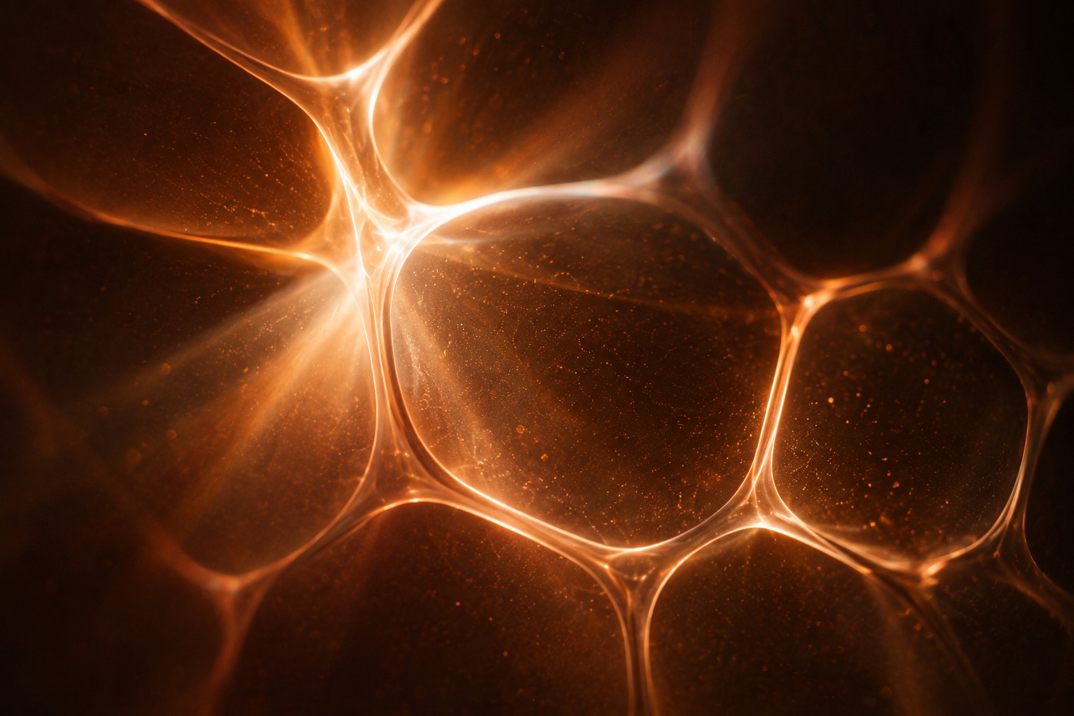 Cell membranes lit from within — a glowing cellular lattice in bronze light