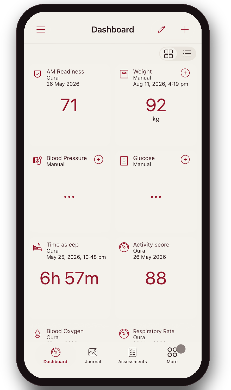 AM readiness, weight, time asleep and activity score — a member's wearable screen