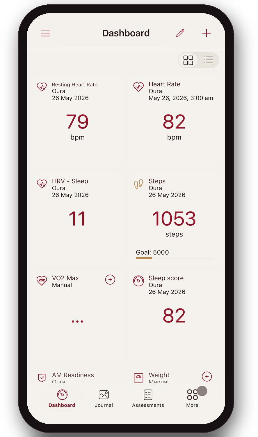Resting heart rate, HRV, steps and sleep score — a member's wearable screen